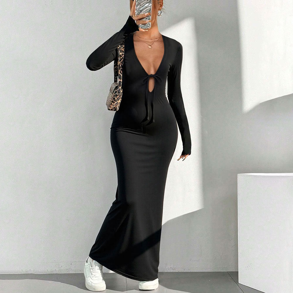 Damen Maxikleid V-Ausschnitt Knotenverschluss