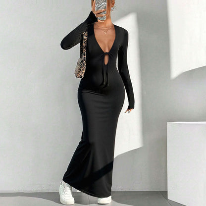 Damen Maxikleid V-Ausschnitt Knotenverschluss