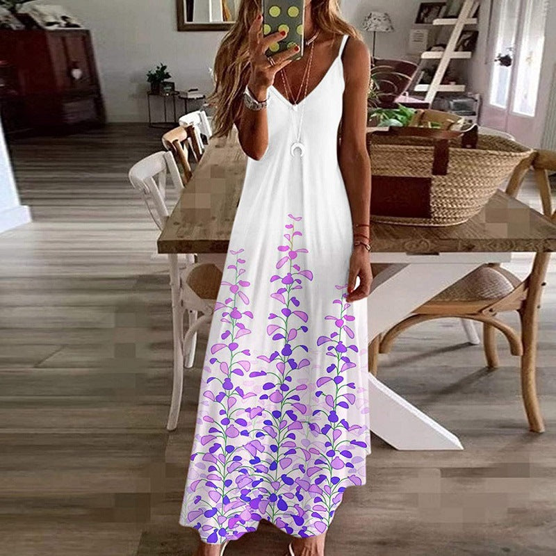 Damen Maxikleid Baumwolle Blumenprint V-Ausschnitt
