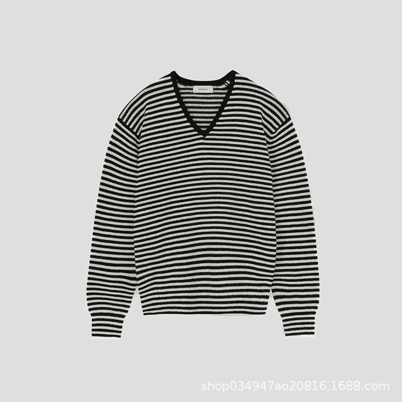 Damen Feinstrickpullover V-Ausschnitt Streifenmuster