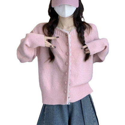 Damen Strickjacke Feine Knöpfe Spitzenkante Beige