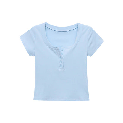 Damen V-Ausschnitt T-Shirt Kurzärmelig mit Knopfleiste Eveloria