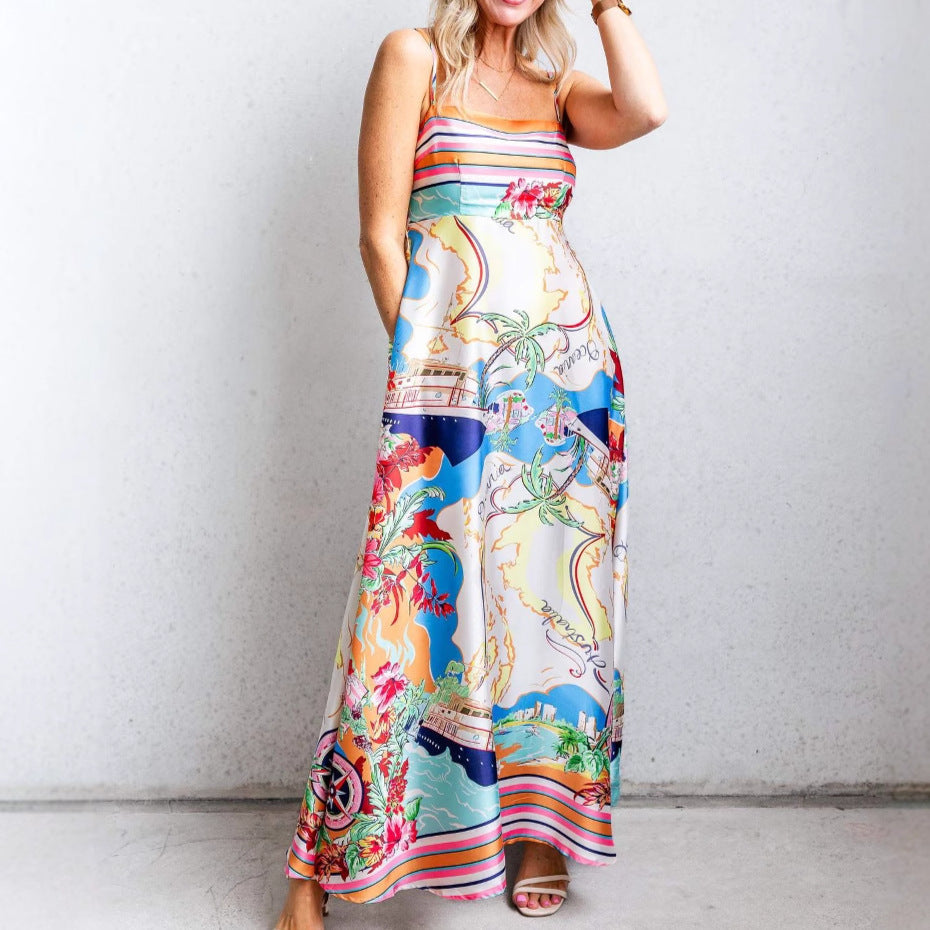 Damen Maxikleid Bunt Druck Spaghettiträger Eveloria - Eveloria