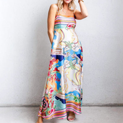 Damen Maxikleid Bunt Druck Spaghettiträger Eveloria - Eveloria