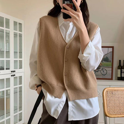 Damen Strickweste Feine Rippenstruktur Klassische Knöpfe Beige