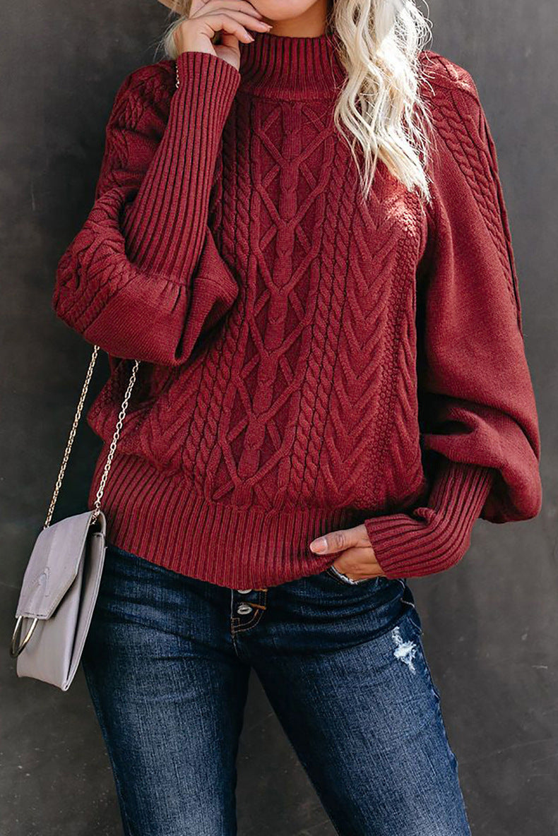 Damen Grobstrickpullover Stehkragen Ballonärmel Eveloria