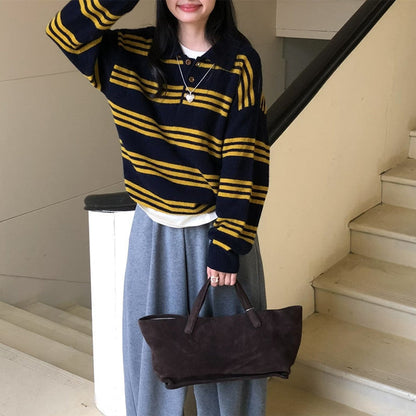Damen Strickpullover mit Knöpfen und Streifenmuster