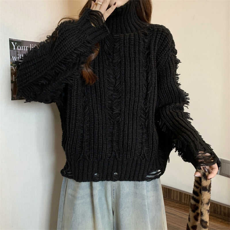 Damen Grobstrickpullover Hochkragen Französischer Look Eveloria