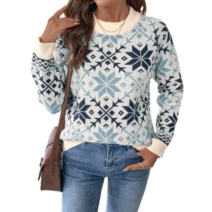 Damen Strickpullover Rundhalsausschnitt Wintermuster Eveloria