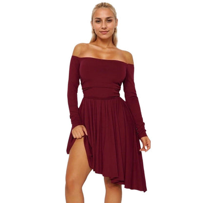 Damen Off-Shoulder Midi-Kleid Asymmetrisch Langärmlig Eveloria