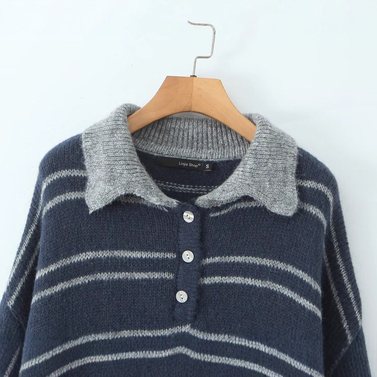 Damen Pullover Kontrastkragen Modern Streifen Grau Eveloria