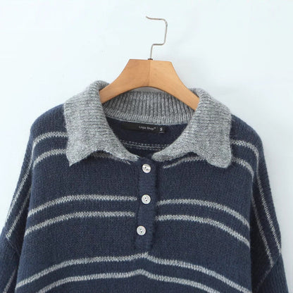 Damen Pullover Kontrastkragen Modern Streifen Grau Eveloria