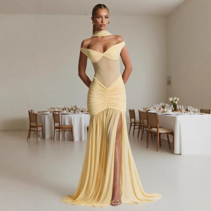 Damen Maxikleid Schulterfrei Raffung Eveloria