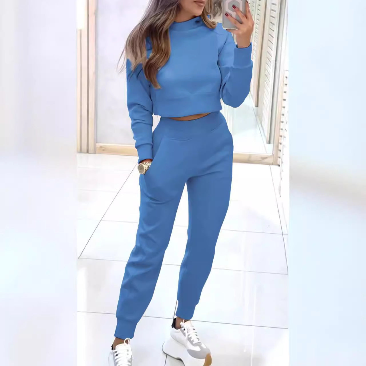 Damen Sweatpants-Set Hochkragen Cropped Oberteil Grau