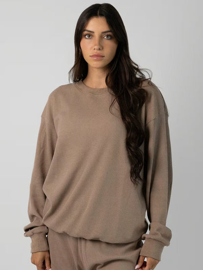 Damen Sweatshirt Waffelmuster Bequem Grau Eveloria