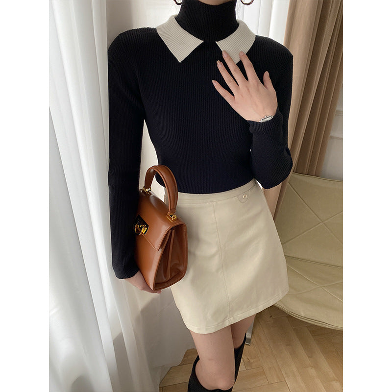 Damen Strickpullover Stehkragen Kontrastkragen Eveloria - Eveloria