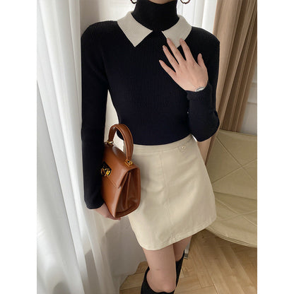 Damen Strickpullover Stehkragen Kontrastkragen Eveloria - Eveloria