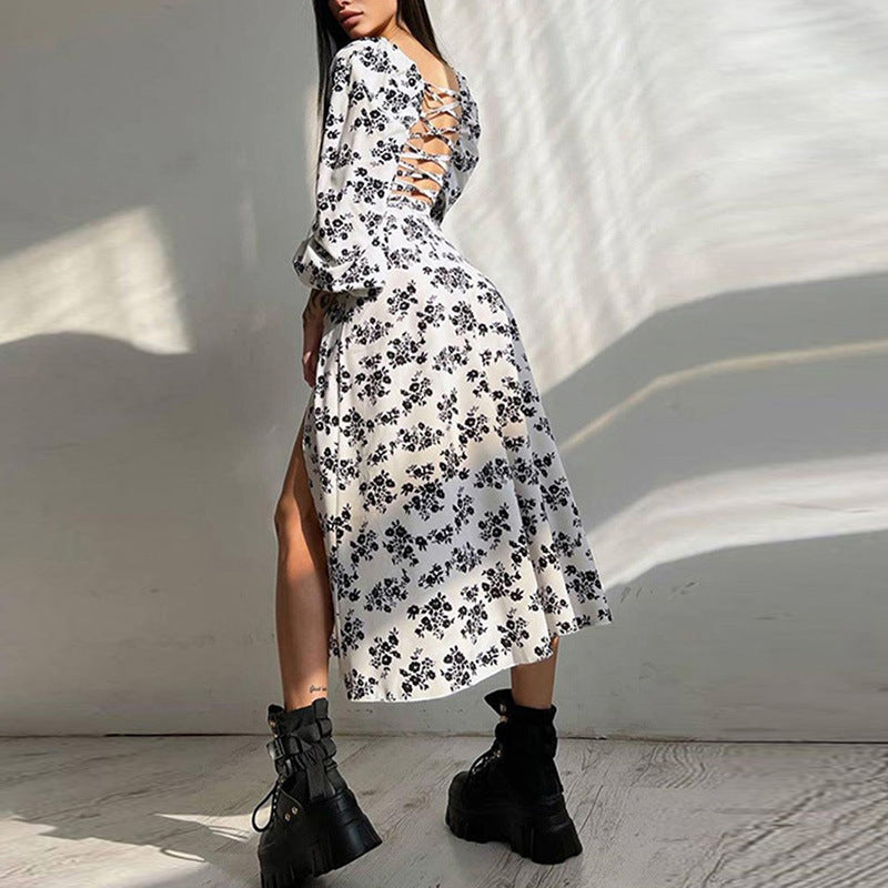 Damen Maxikleid Elastisch Puffärmel Schlitz