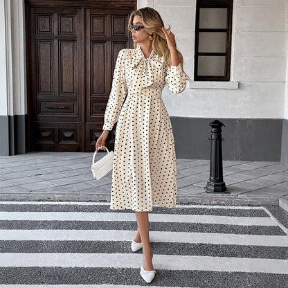 Damen Midi-Kleid Polka-Dot Bindekragen Langärmlig Eveloria