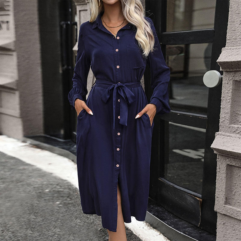 Damen Hemdblusenkleid Taillierbarer Gürtel Eleganter Schlitz