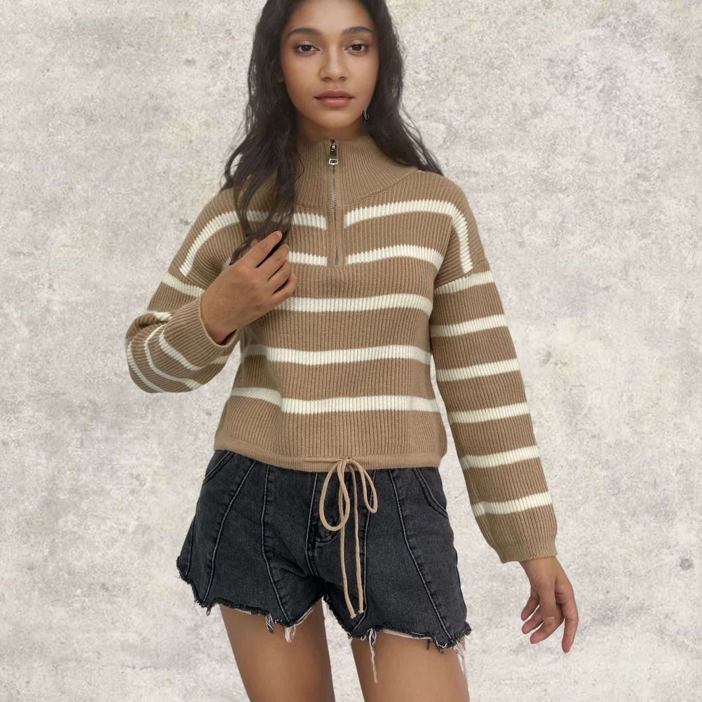 Damen Strickpullover Tailliert Zip-Kragen Eveloria