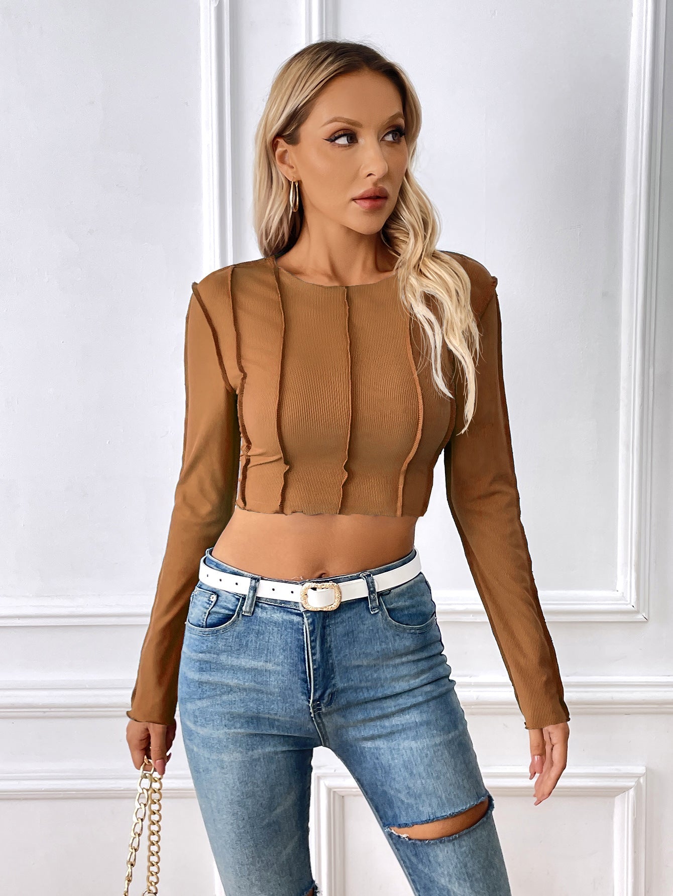 Damen Langarm Crop RüschenDetails Eveloria