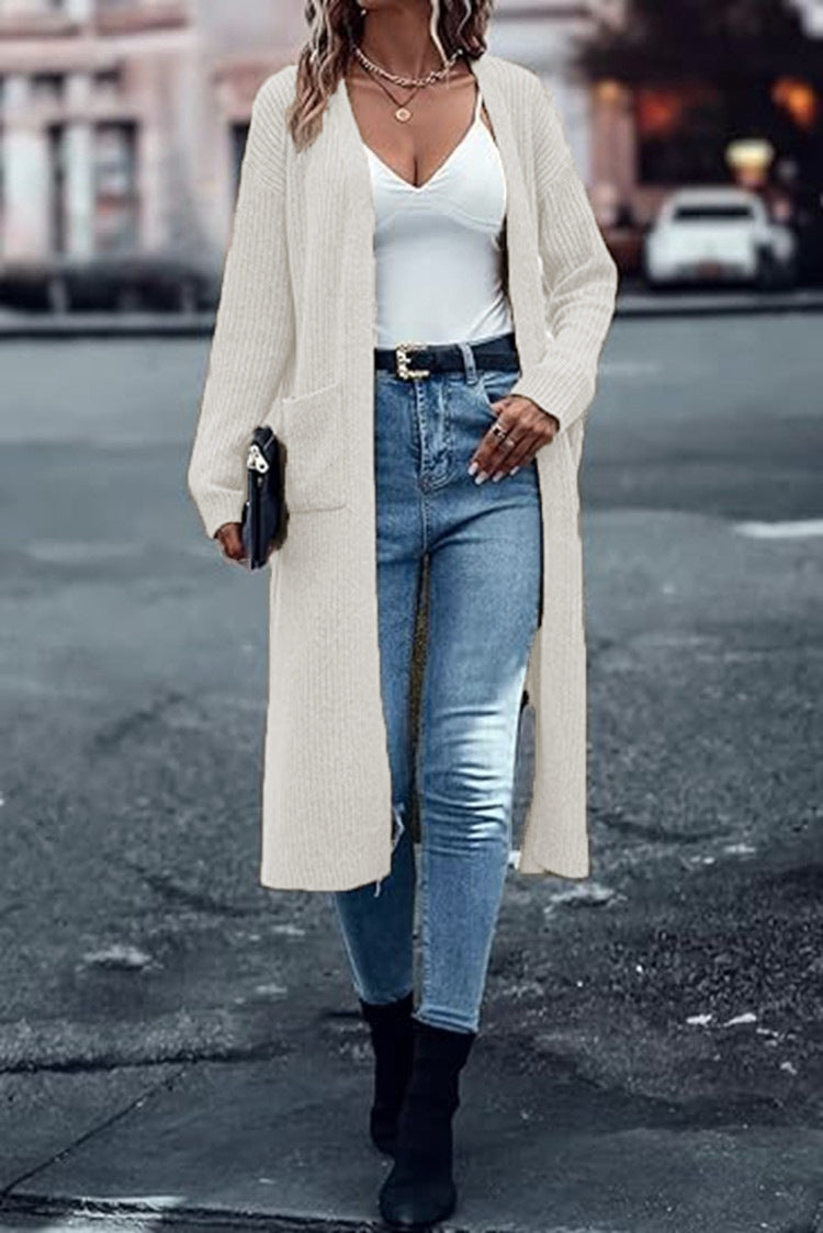 Damen Grobstrick-Cardigan Offene Taschen Lässiger Schnitt Beige