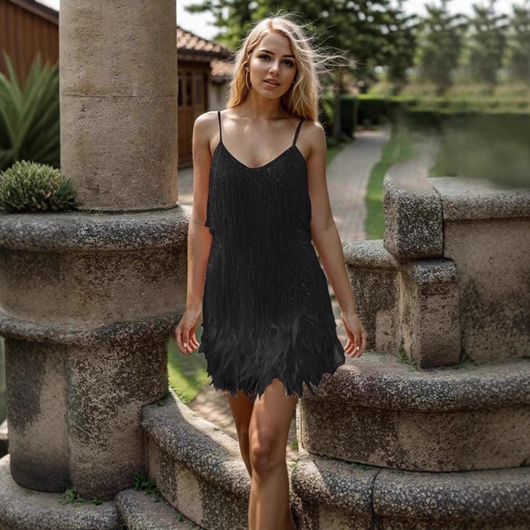 Damen Minikleid V-Ausschnitt Fransen