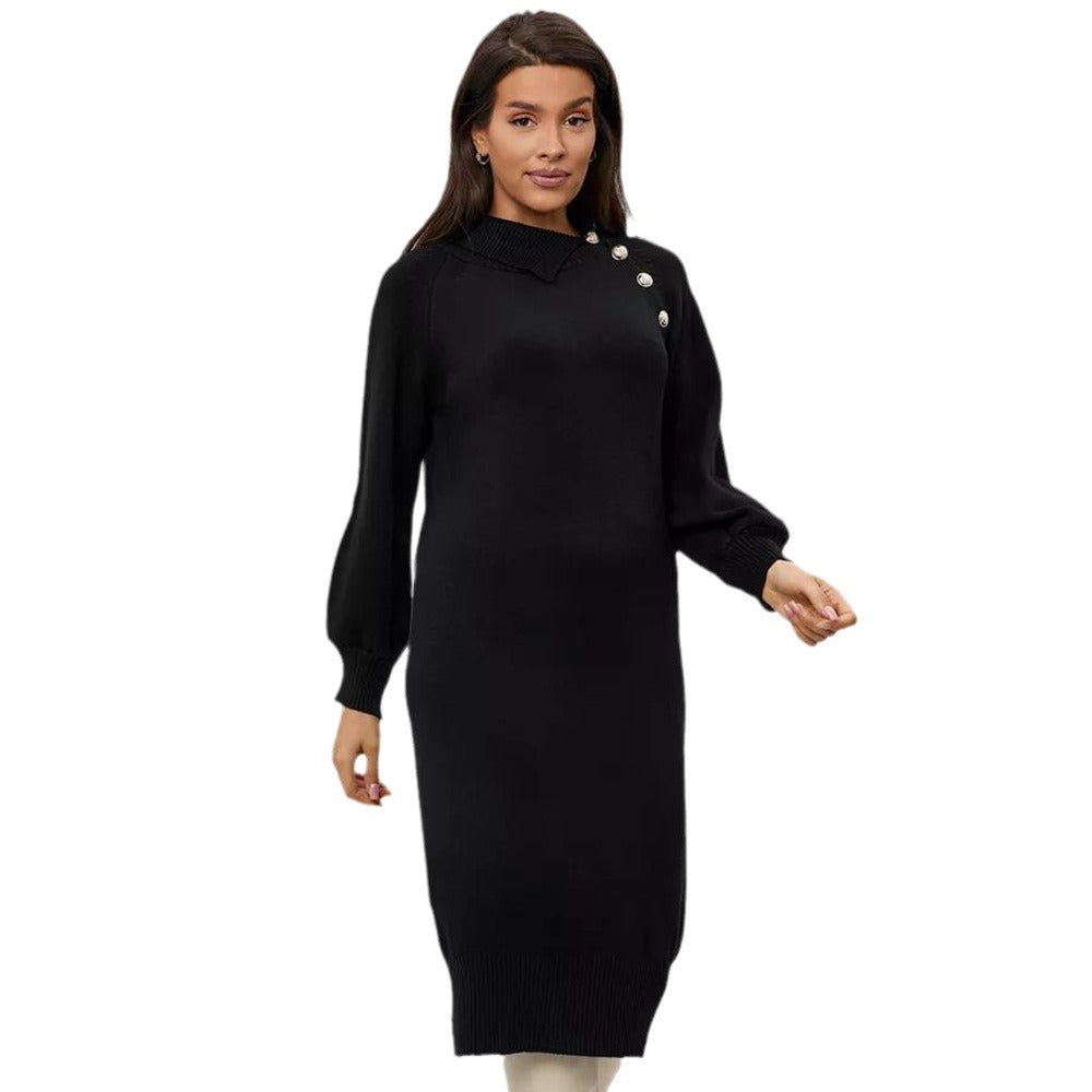 Damen Strickkleid Gürtel Knopfdetails Eveloria