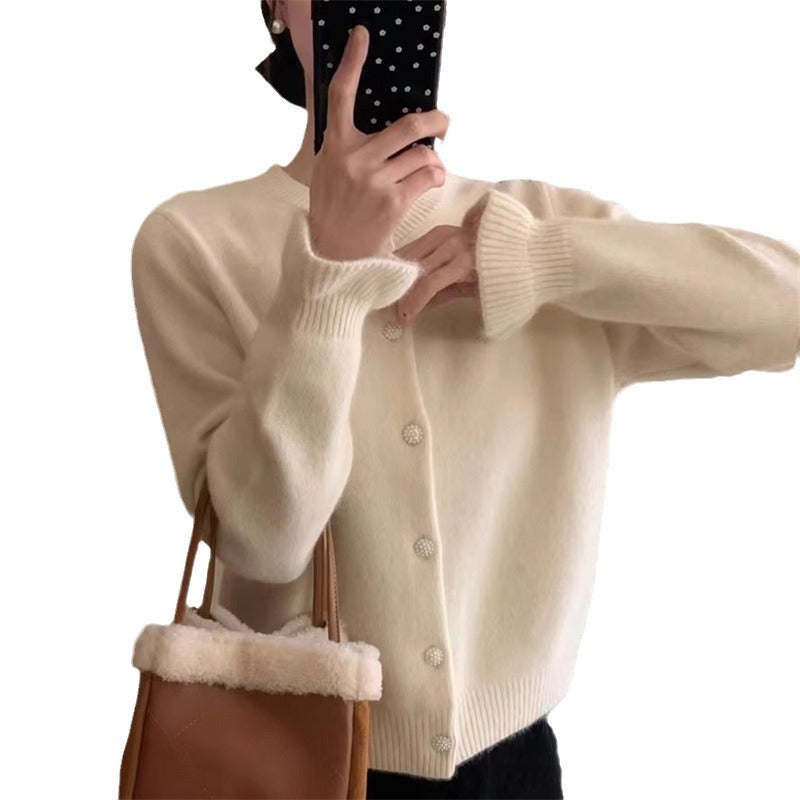 Damen Strickjacke Perlmuttknöpfe Beige Eveloria