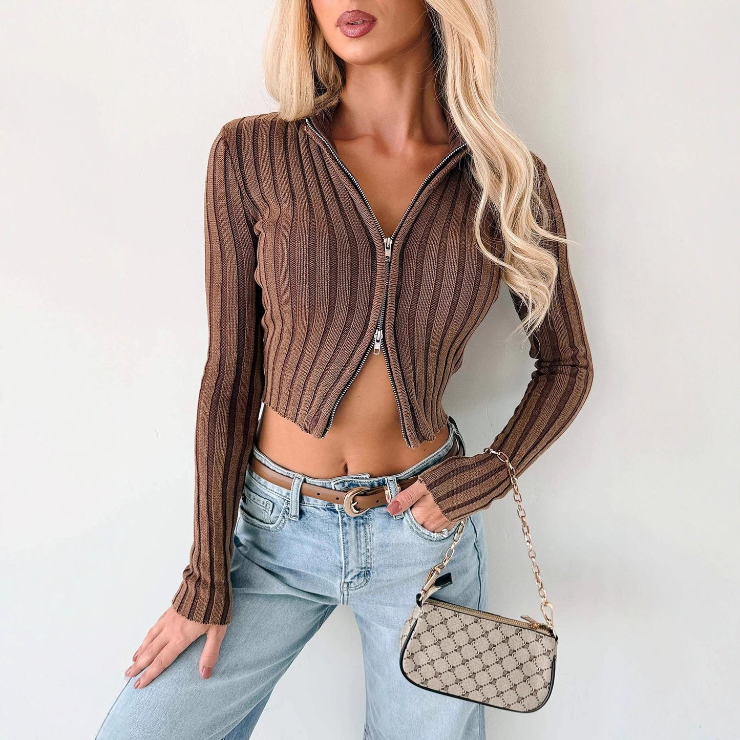 Damen Cropped Strickjacke schmal Reißverschluss Langer Arm Eveloria
