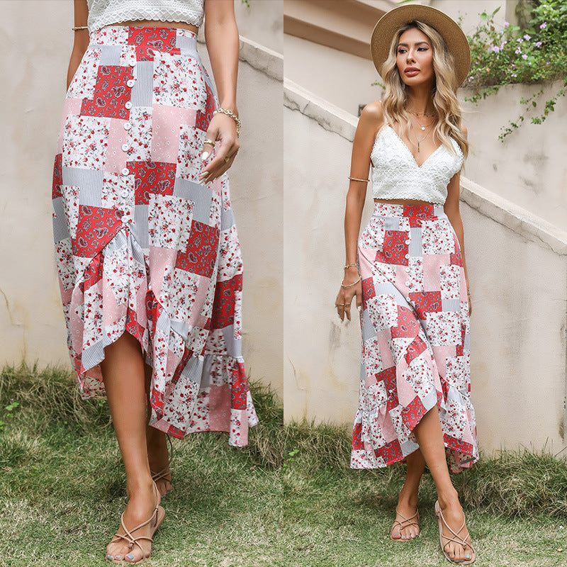 Damen Maxi-Rock Patchwork-Design Knopfdetails Dunkelblau