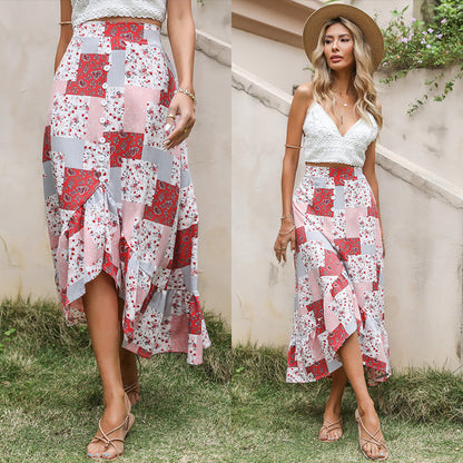 Damen Maxi-Rock Patchwork-Design Knopfdetails Dunkelblau