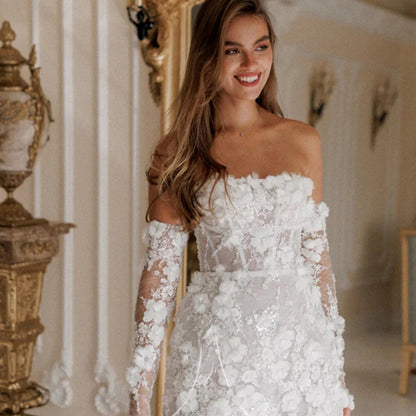 Damen Hochzeitskleid Florales Design Transparente Ärmel Weiße Eveloria - Eveloria