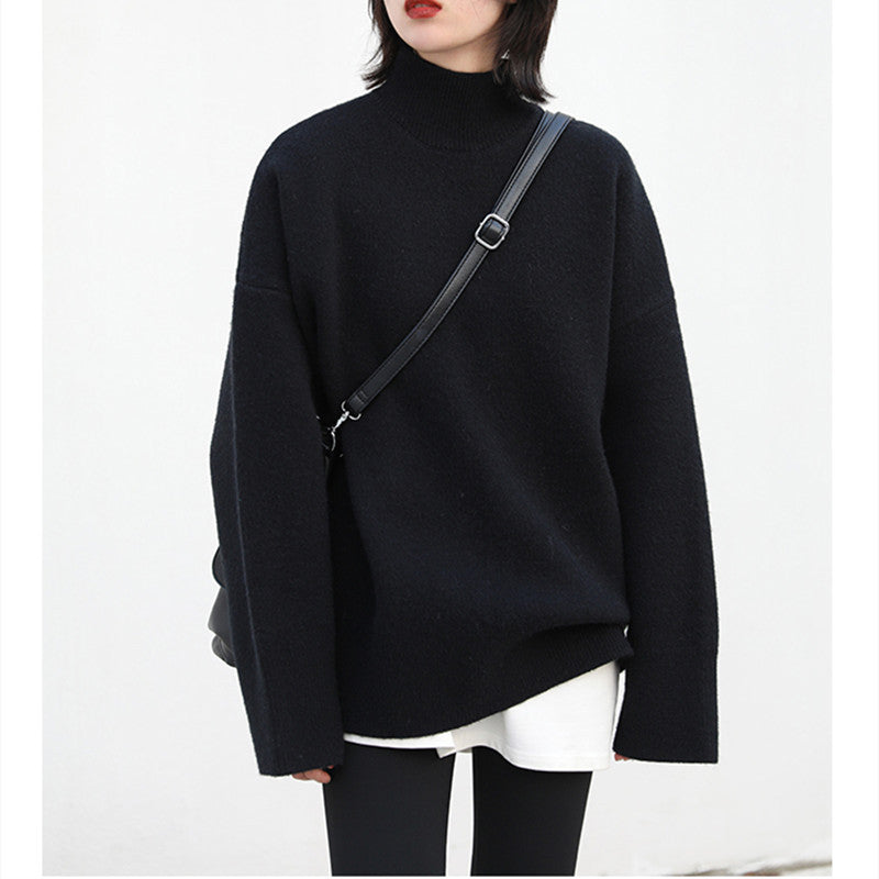 Damen Grobstrickpullover Hochrollkragen Überschnittene Schultern