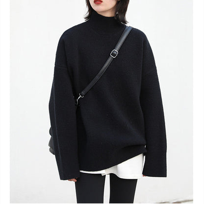 Damen Grobstrickpullover Hochrollkragen Überschnittene Schultern