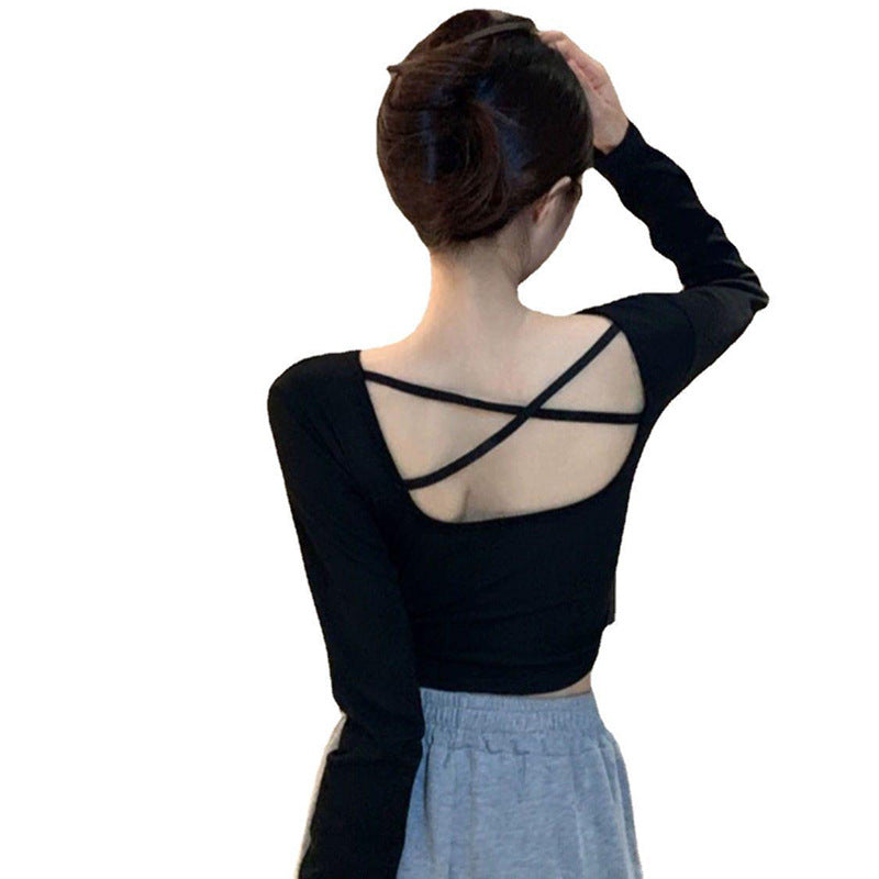 Damen Crop- Langarm Crisscross Rücken V-Ausschnitt
