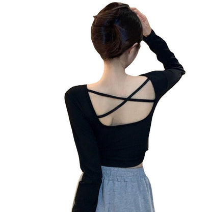 Damen Crop- Langarm Crisscross Rücken V-Ausschnitt