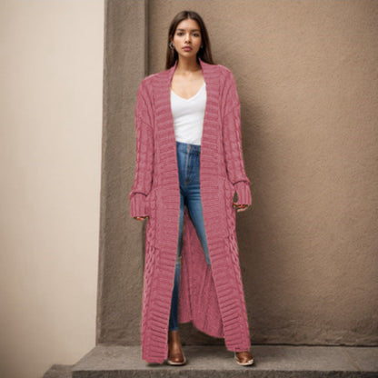 Damen Strickcardigan Lang Zopfmuster