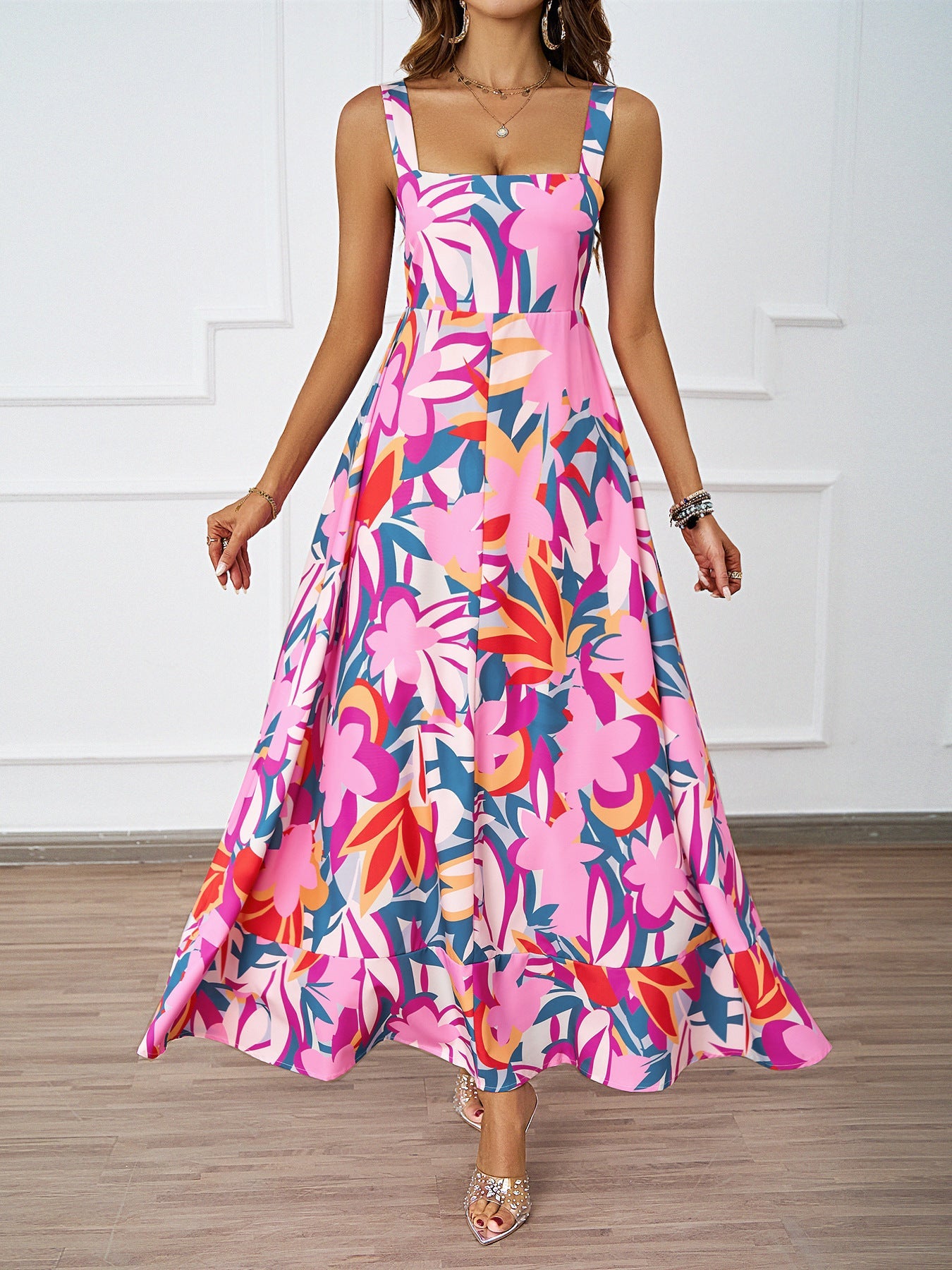Damen Maxikleid Floralmuster Raffinierte Träger Eveloria