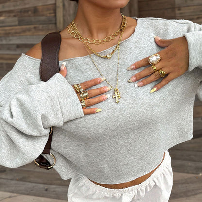 Damen Oversized Sweatshirt Schulterfrei Weiches Innenfleece Grau