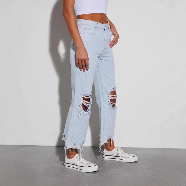 Damen Destroyed Jeans Weites Bein Freche Risse Blau Eveloria