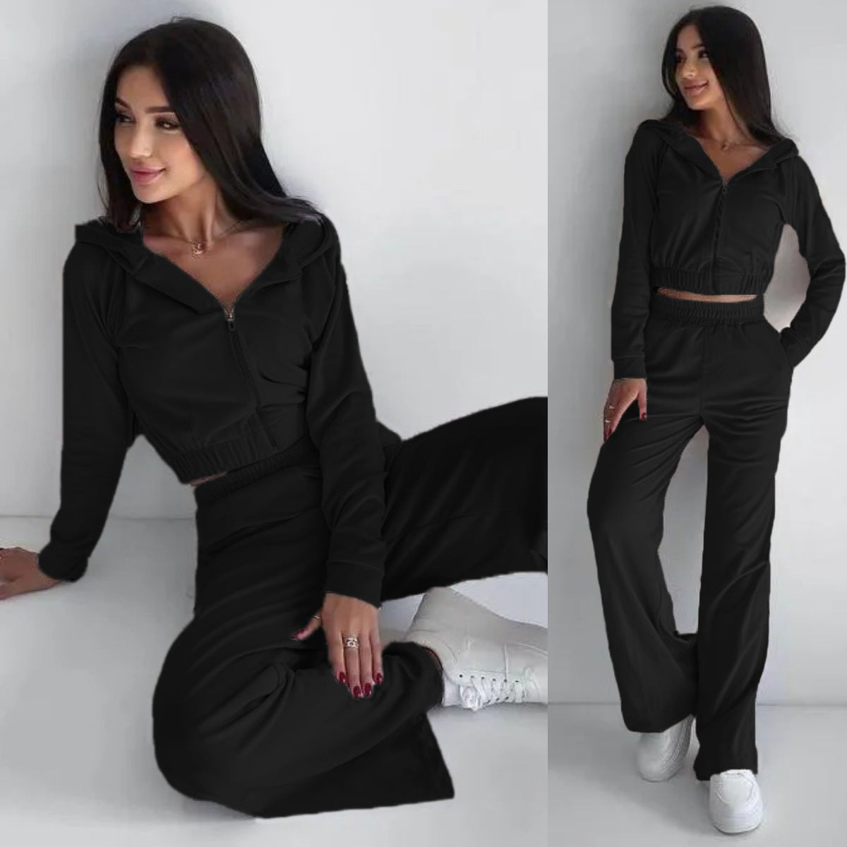 Damen Velours Loungewear Set Cropped Jacke Bequeme Hose