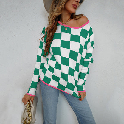 Damen Pullover Checkerboard Muster Grau Eveloria