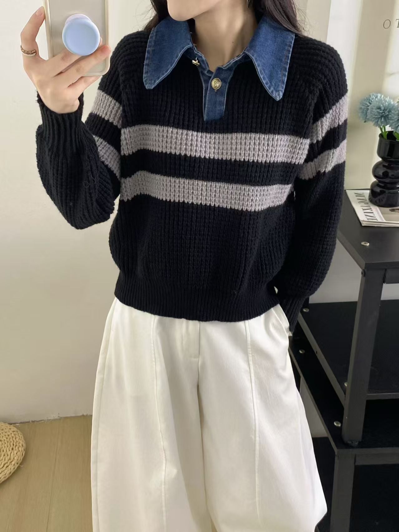 Damen Strickpullover Kragen Gestreift Eveloria