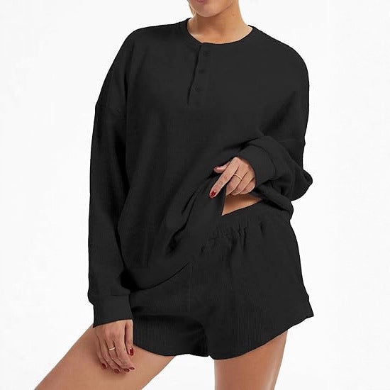 Damen Oversized Pullover Shorts Set Baumwolle Beige