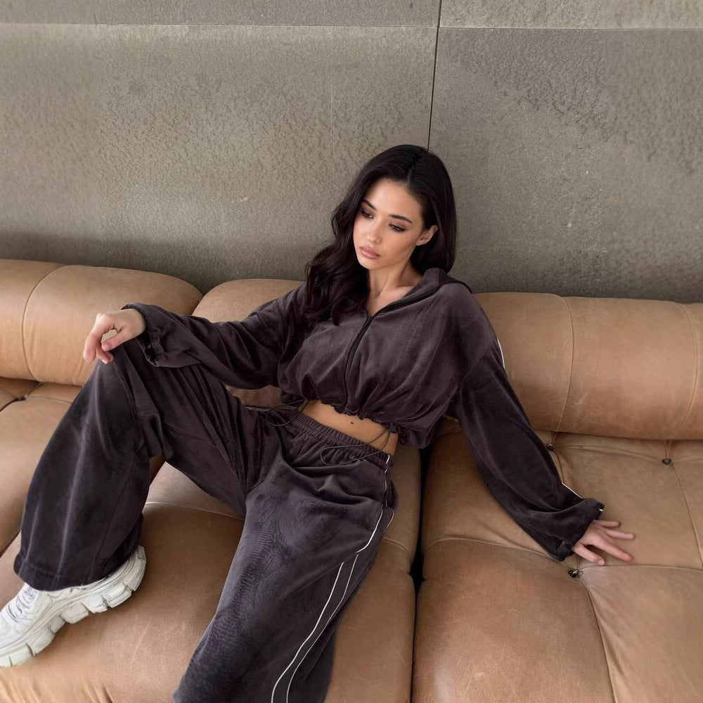 Damen Velours Loungewear Set Cropped Oberteil Weite Hose