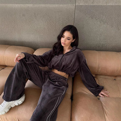 Damen Velours Loungewear Set Cropped Oberteil Weite Hose
