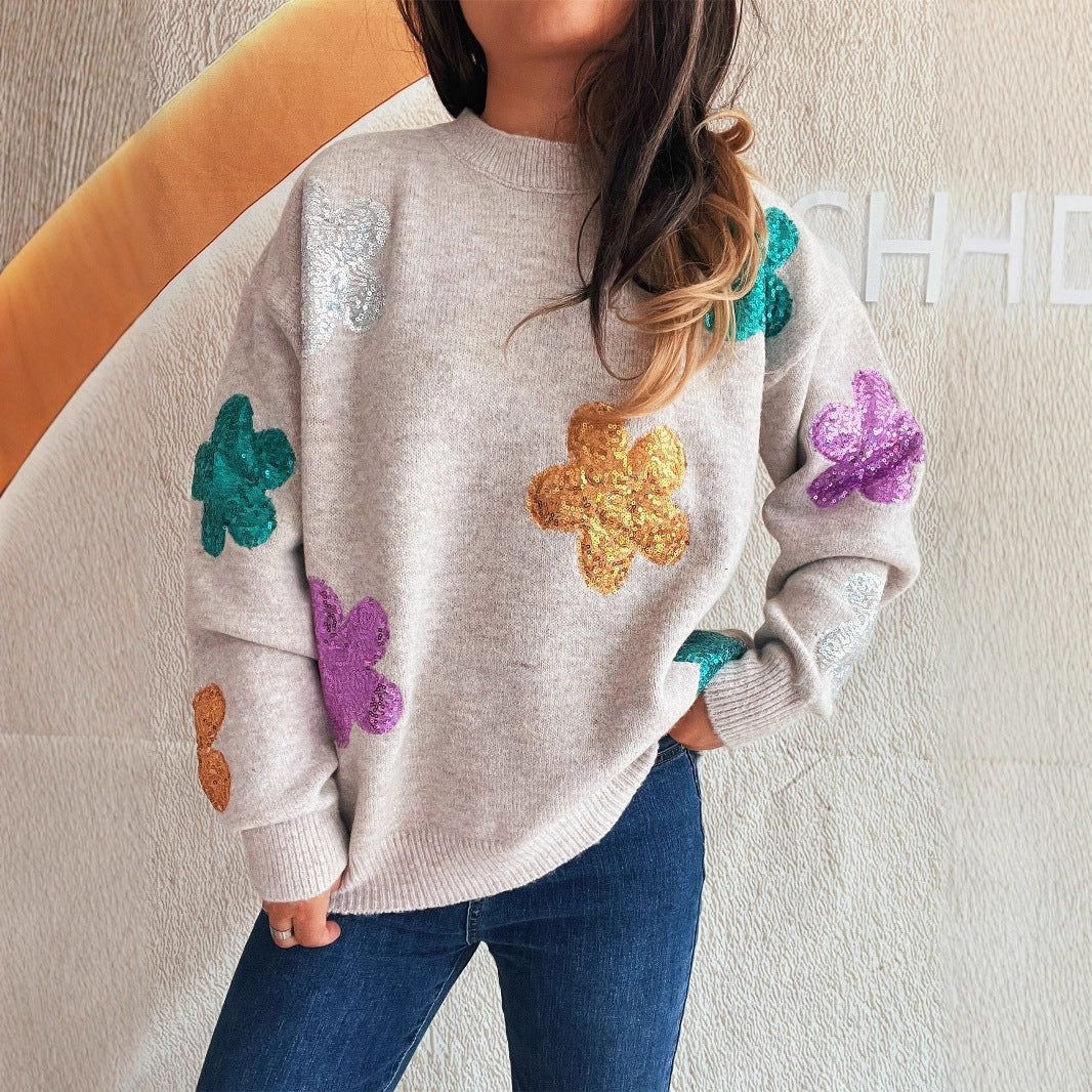 Damen Pullover Bunte Paillettenblumen Eveloria - Eveloria
