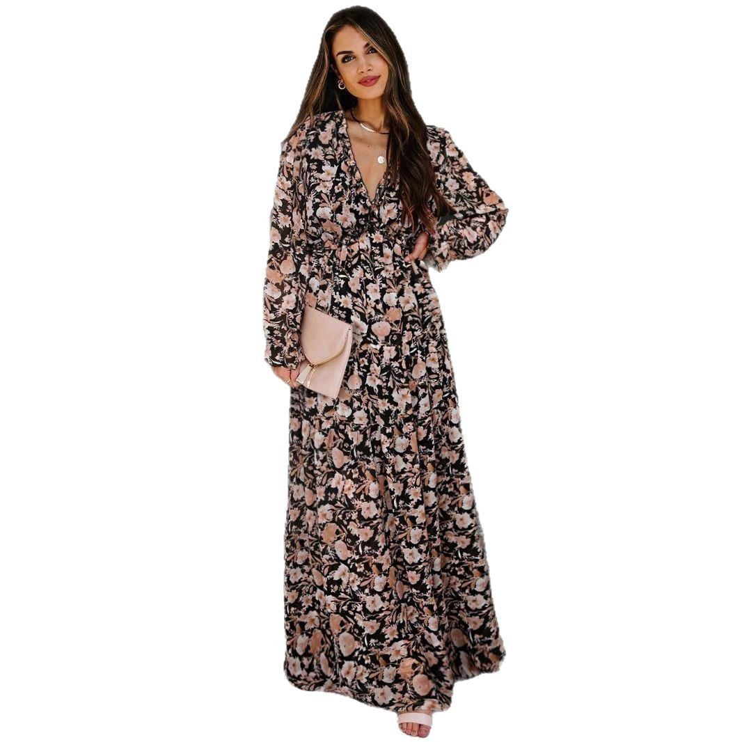 Damen Maxikleid Floraler Druck V-Ausschnitt Eveloria